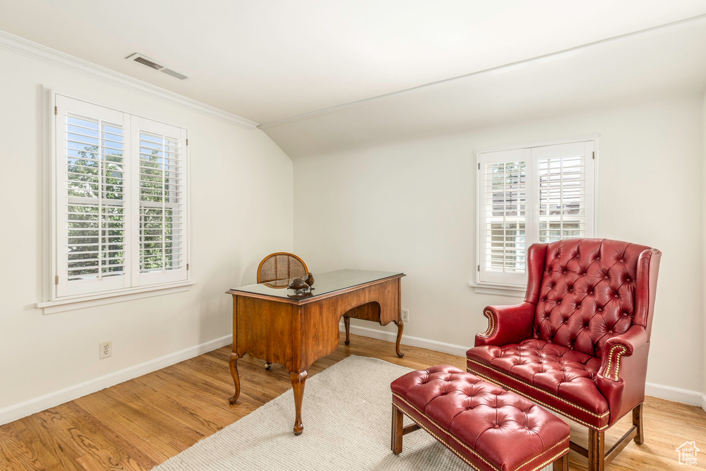 Office area with a wealth of natural light, light hardwood / wood-style floors, and ornamental molding