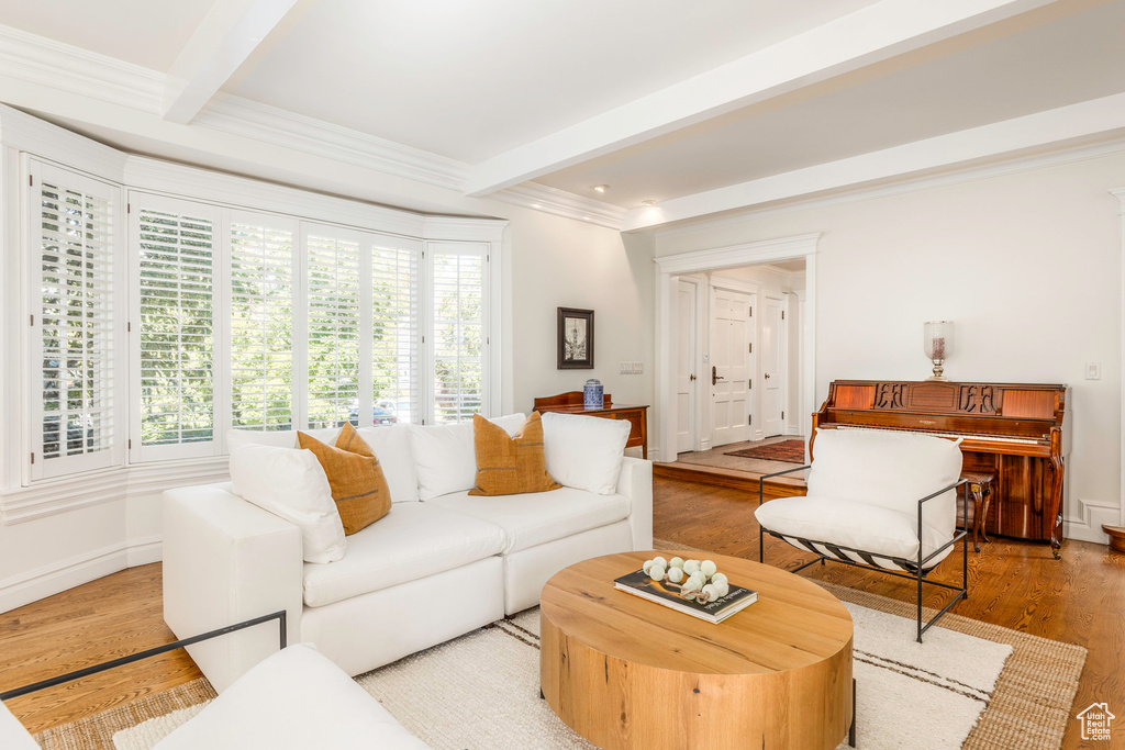 Living room featuring beamed ceiling, crown molding, and light hardwood / wood-style flooring