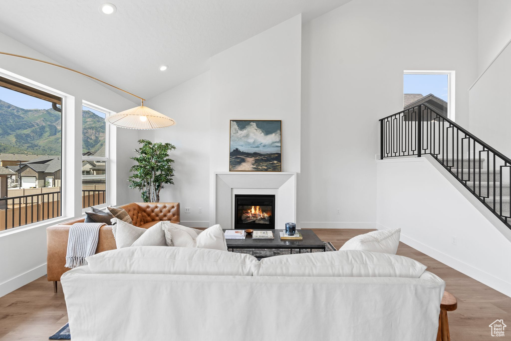 Living room with high vaulted ceiling and wood-type flooring