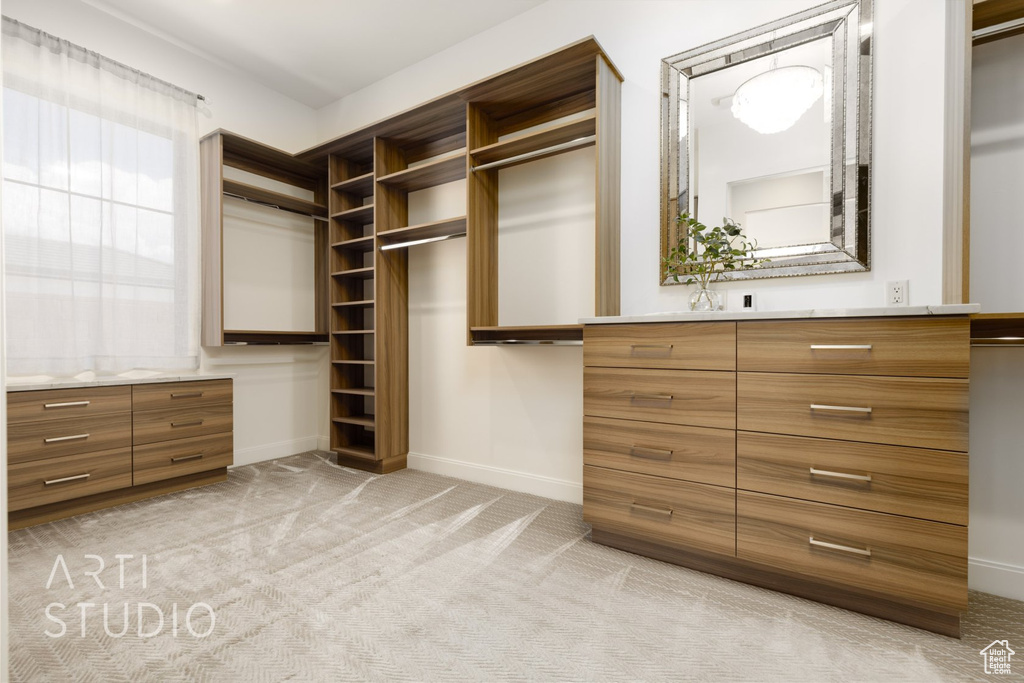 Spacious closet featuring light colored carpet