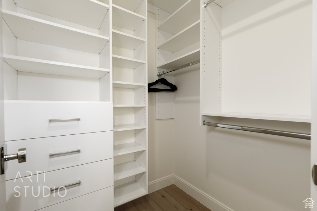 Spacious closet with dark hardwood / wood-style floors