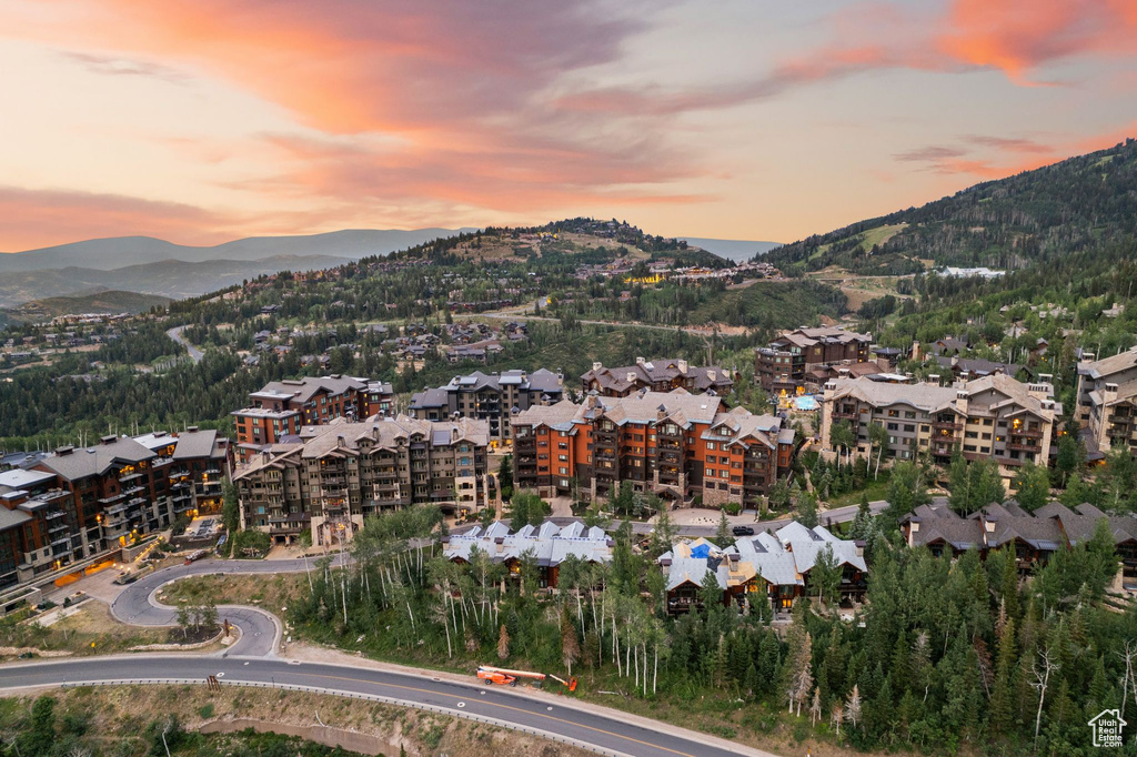 Aerial view at dusk with a mountain view