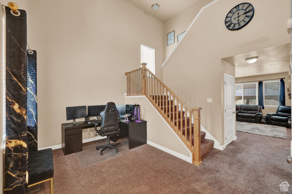 Carpeted office featuring a high ceiling