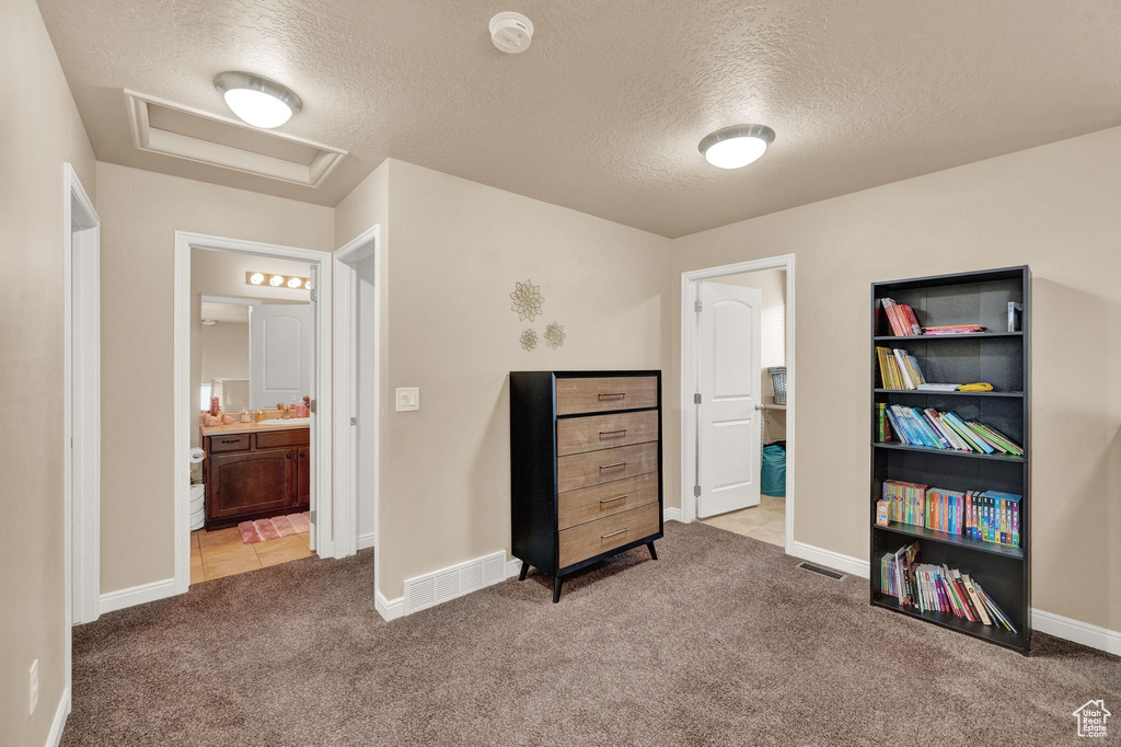 Interior space featuring a textured ceiling, light carpet, and connected bathroom