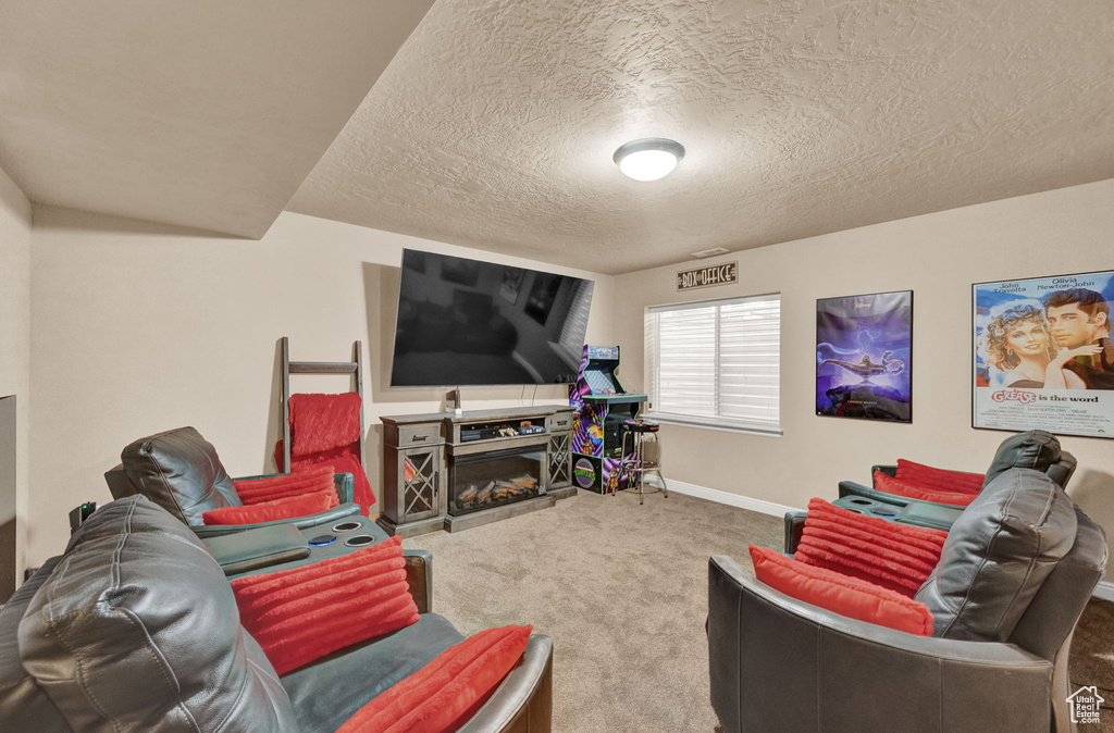 Carpeted living room with a fireplace and a textured ceiling