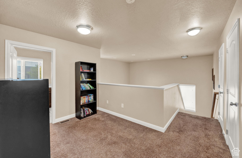 Interior space featuring light carpet and a textured ceiling