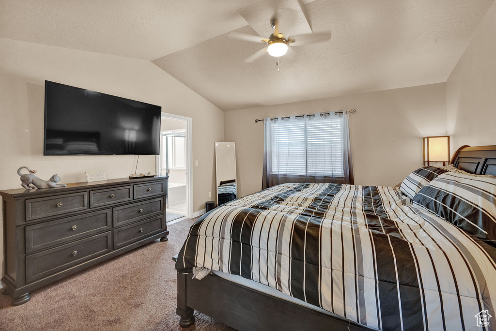 Bedroom featuring ensuite bathroom, multiple windows, carpet, and vaulted ceiling