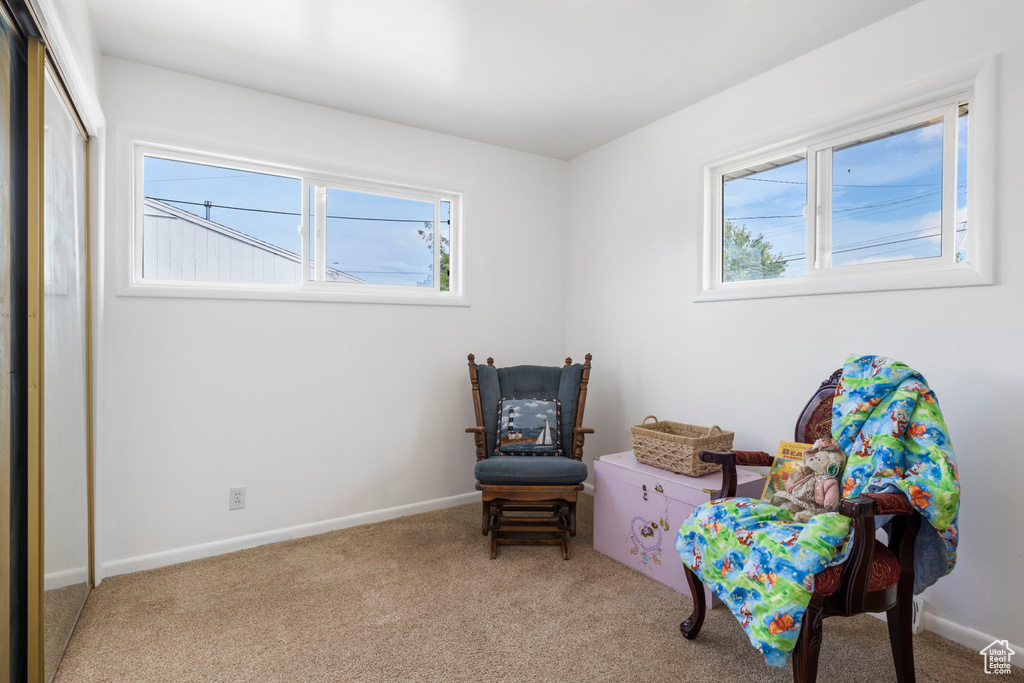 Living area featuring a healthy amount of sunlight and light colored carpet