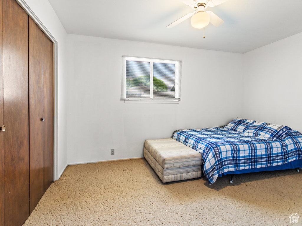 Carpeted bedroom featuring a closet and ceiling fan