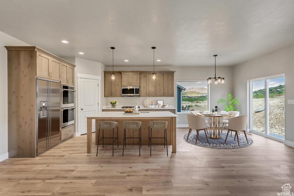 Kitchen featuring pendant lighting, light hardwood / wood-style flooring, appliances with stainless steel finishes, and an island with sink