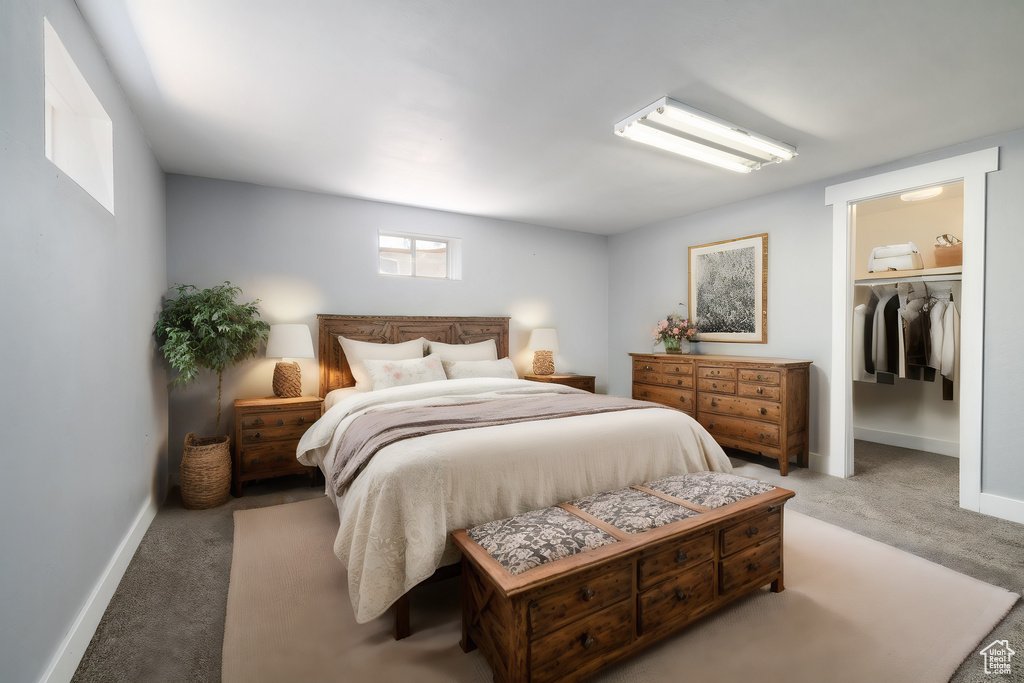 Carpeted bedroom featuring a closet and a spacious closet