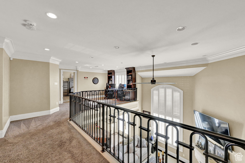 Hallway featuring ornamental molding and light colored carpet