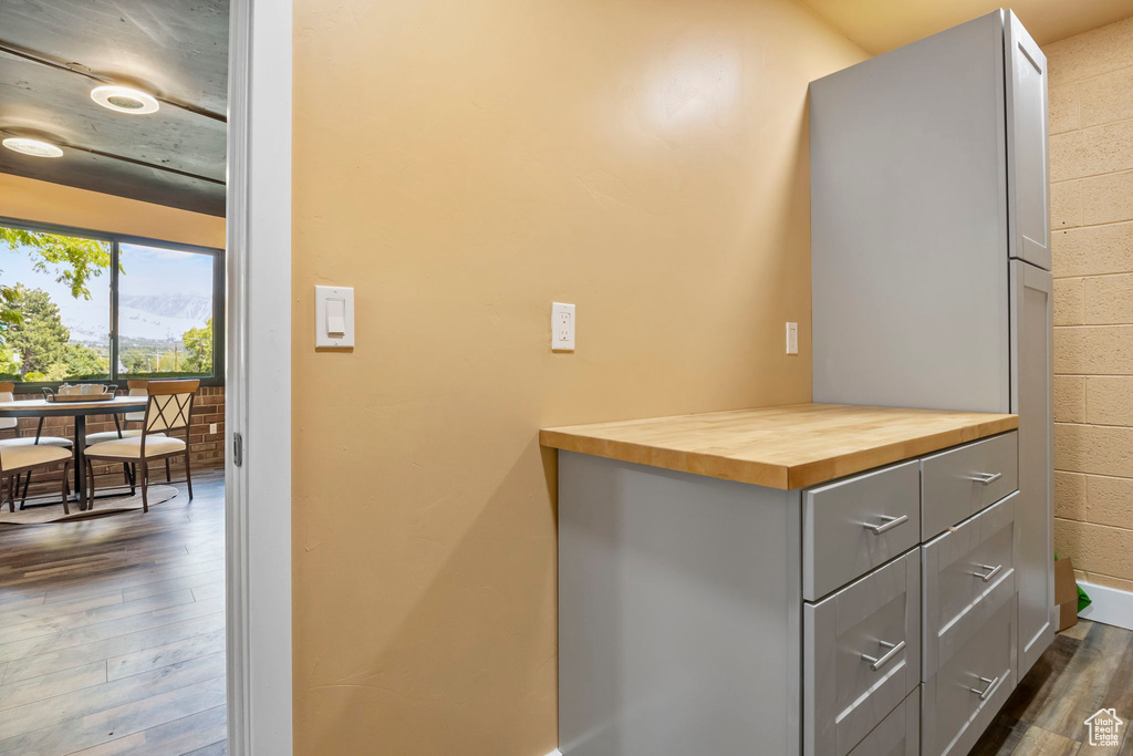 Interior space featuring gray cabinets, dark hardwood / wood-style floors, and wooden counters