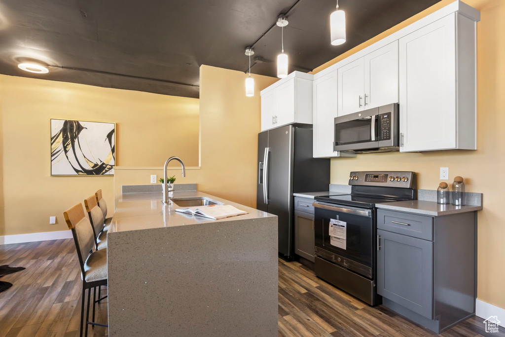 Kitchen with track lighting, stainless steel appliances, sink, white cabinetry, and dark hardwood / wood-style flooring