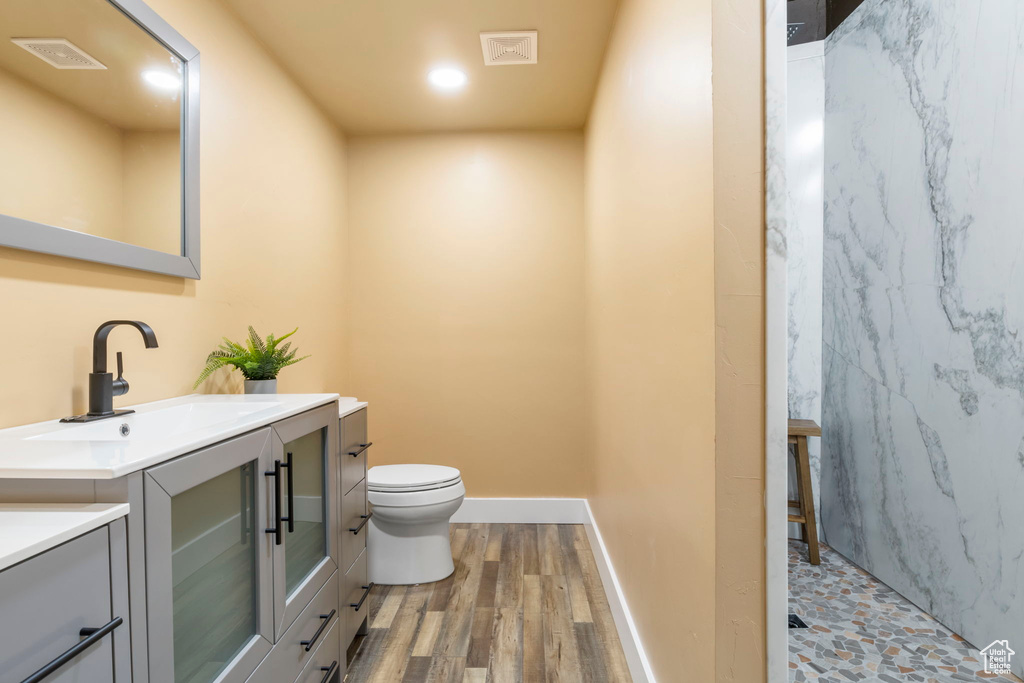 Bathroom with vanity, wood-type flooring, toilet, and a shower