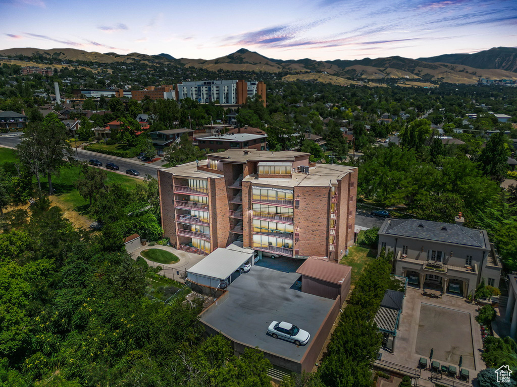 Aerial view at dusk with a mountain view