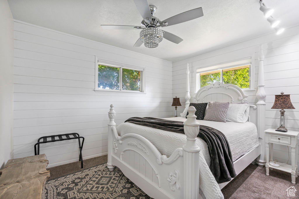 Carpeted bedroom featuring multiple windows and ceiling fan