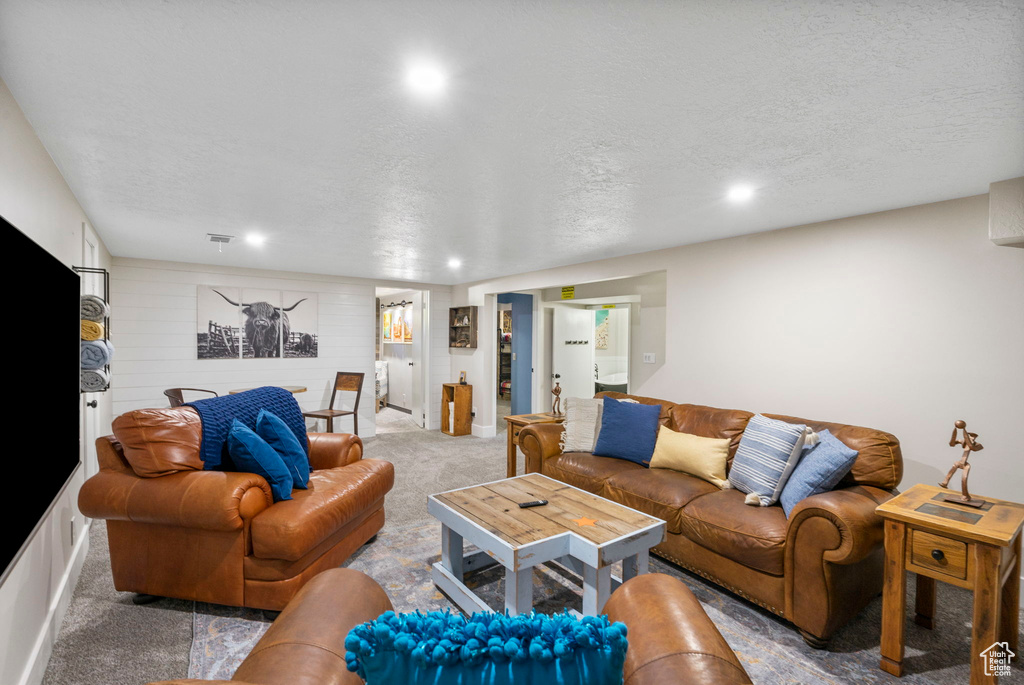 Living room with carpet flooring and a textured ceiling