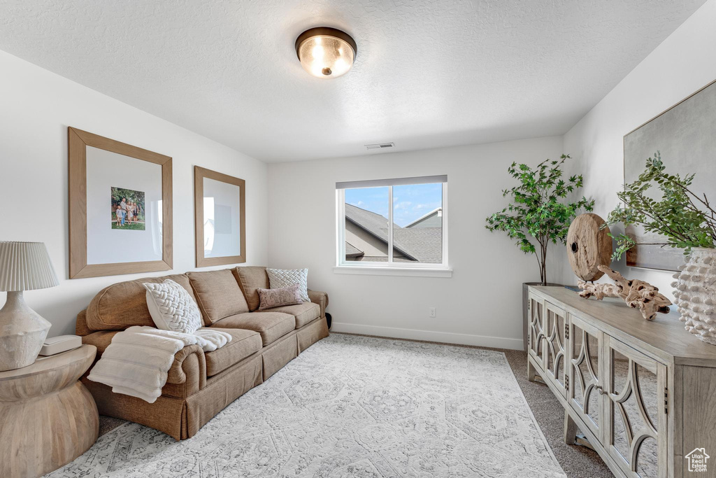 Living room with a textured ceiling and light colored carpet