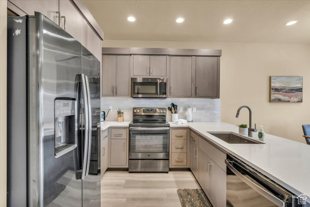 Kitchen featuring backsplash, light hardwood / wood-style floors, appliances with stainless steel finishes, and sink