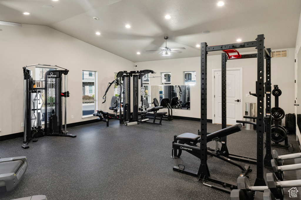 Exercise room featuring lofted ceiling and ceiling fan