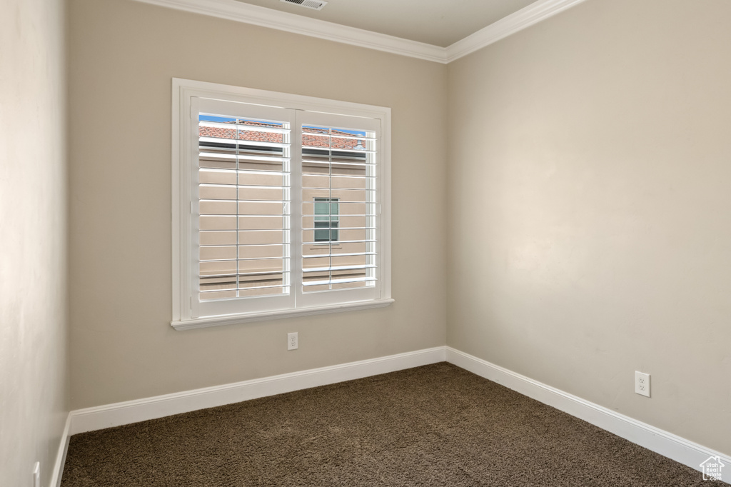 Carpeted spare room featuring ornamental molding