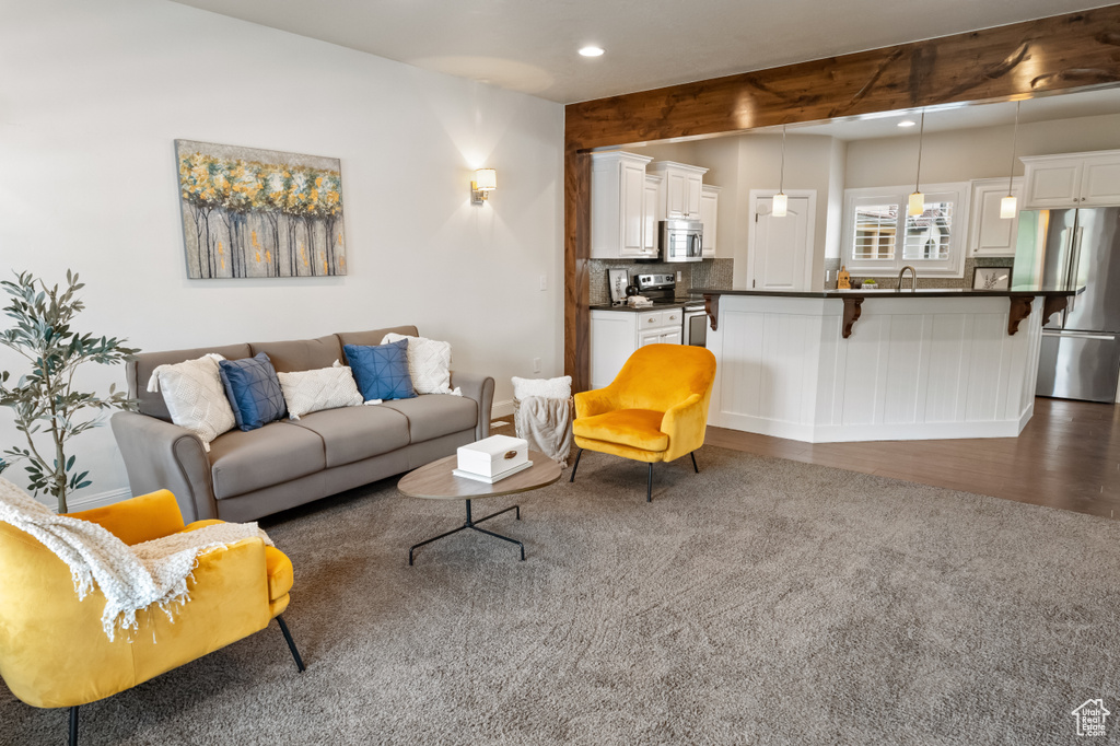 Living room featuring wood-type flooring and sink