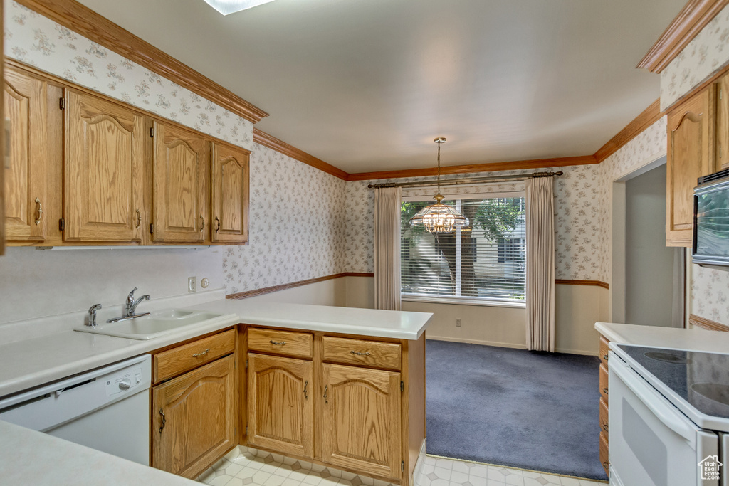 Kitchen featuring sink, kitchen peninsula, white dishwasher, and light tile patterned floors