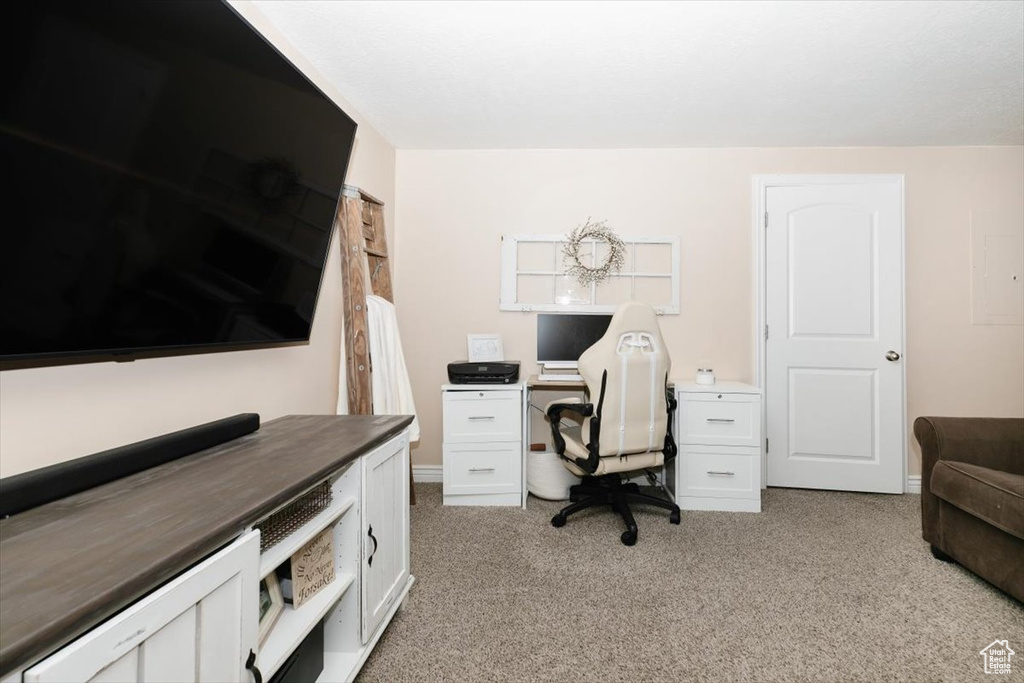 Home office featuring light colored carpet