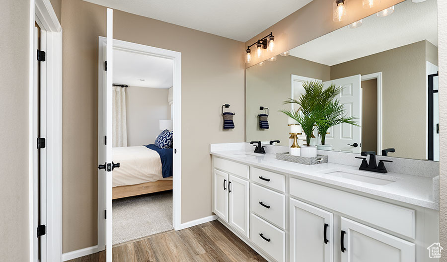 Bathroom with hardwood / wood-style flooring and double vanity