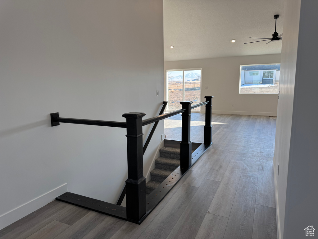 Staircase with ceiling fan and wood-type flooring