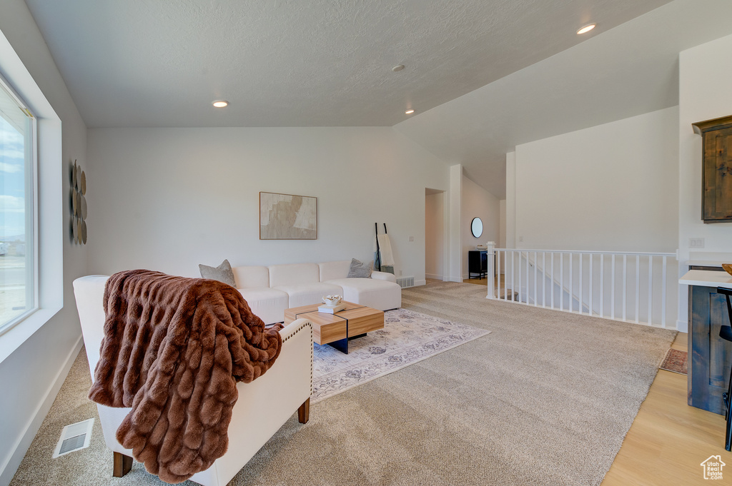 Living room featuring light hardwood / wood-style floors and lofted ceiling