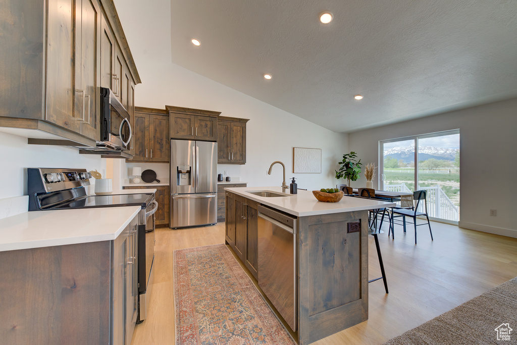 Kitchen with appliances with stainless steel finishes, light wood-type flooring, lofted ceiling, and an island with sink