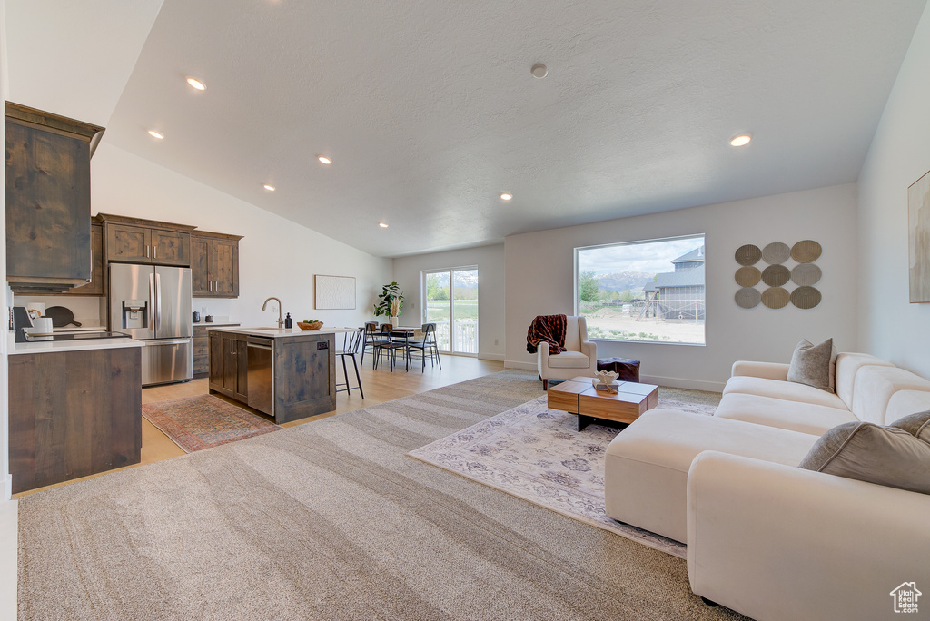 Living room featuring vaulted ceiling, light hardwood / wood-style flooring, and sink