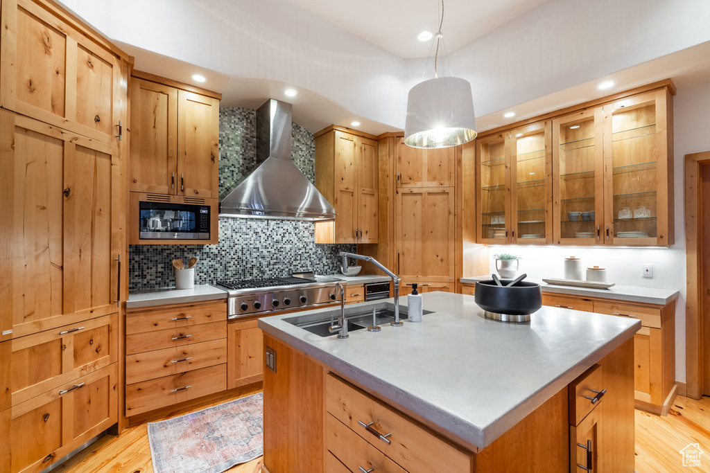 Kitchen with stainless steel appliances, light hardwood / wood-style floors, wall chimney exhaust hood, and an island with sink