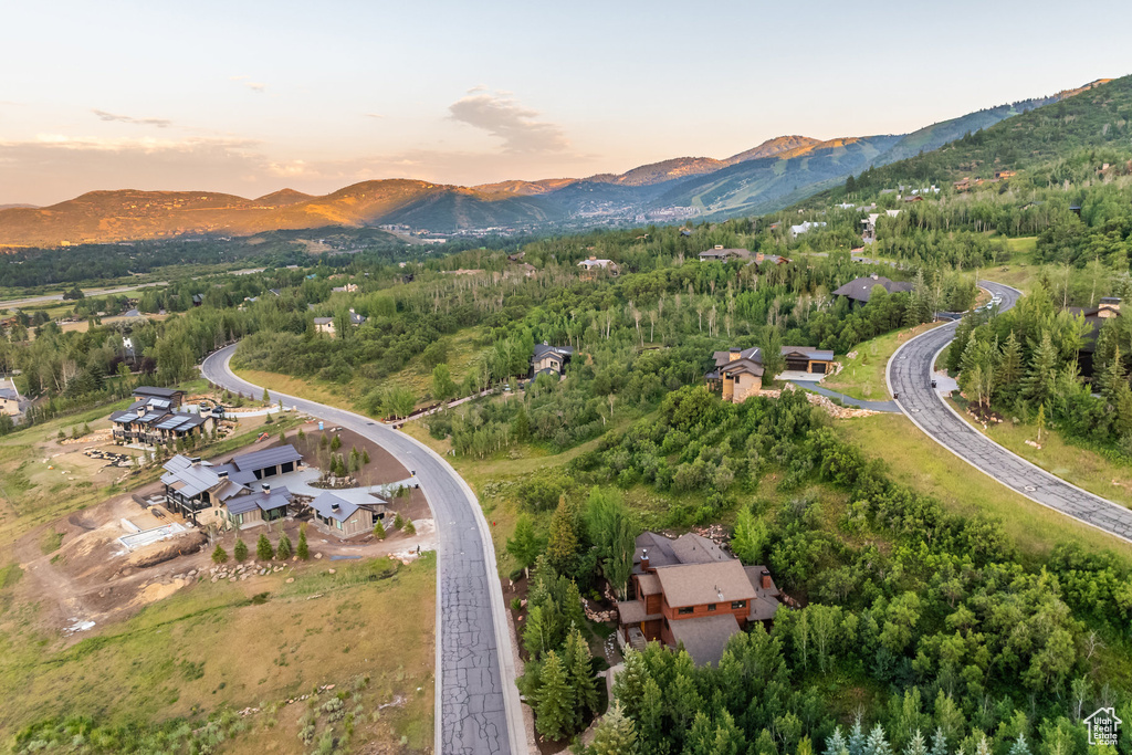 Aerial view at dusk with a mountain view