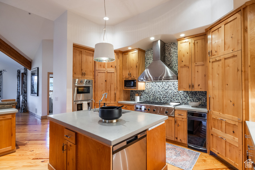 Kitchen with light hardwood / wood-style floors, appliances with stainless steel finishes, wall chimney exhaust hood, and a center island with sink