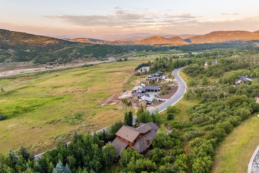 Aerial view at dusk with a mountain view