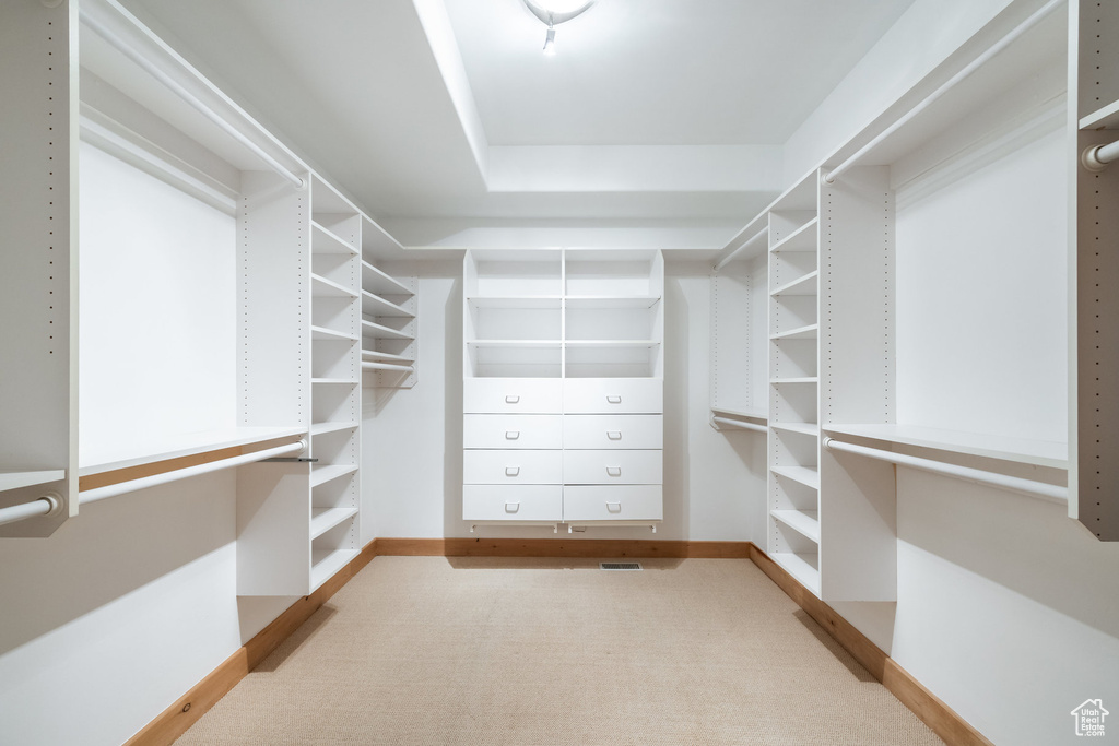 Walk in closet with light carpet