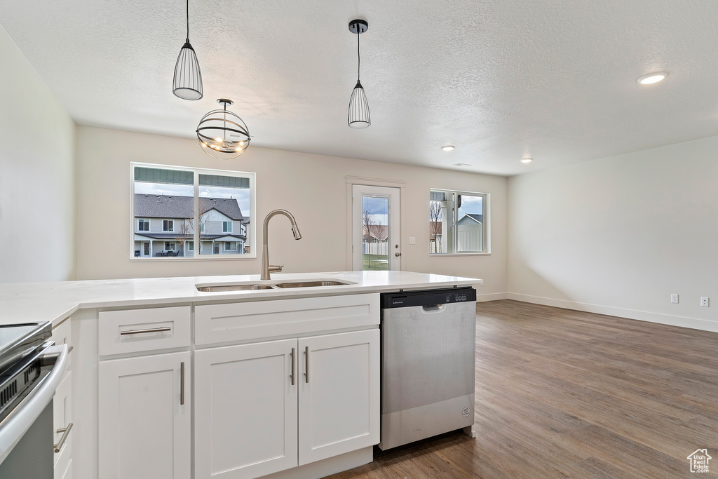 Kitchen with stainless steel dishwasher, sink, hardwood / wood-style flooring, and hanging light fixtures