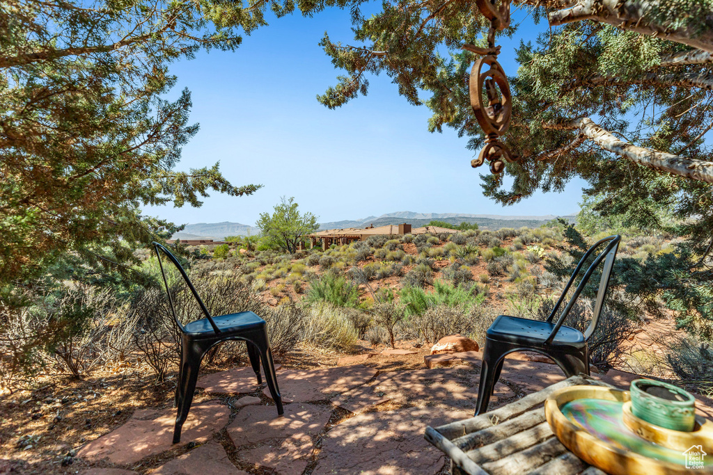 View of patio / terrace with a mountain view