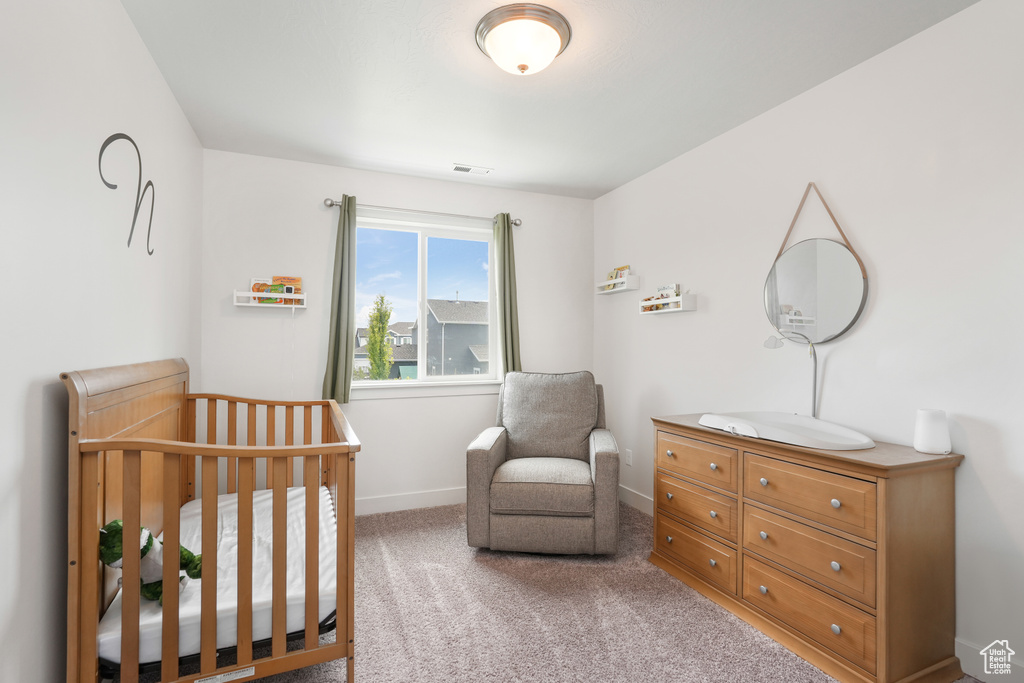 Carpeted bedroom featuring a nursery area