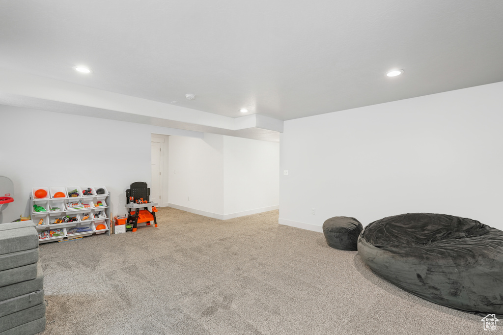 Recreation room featuring light carpet