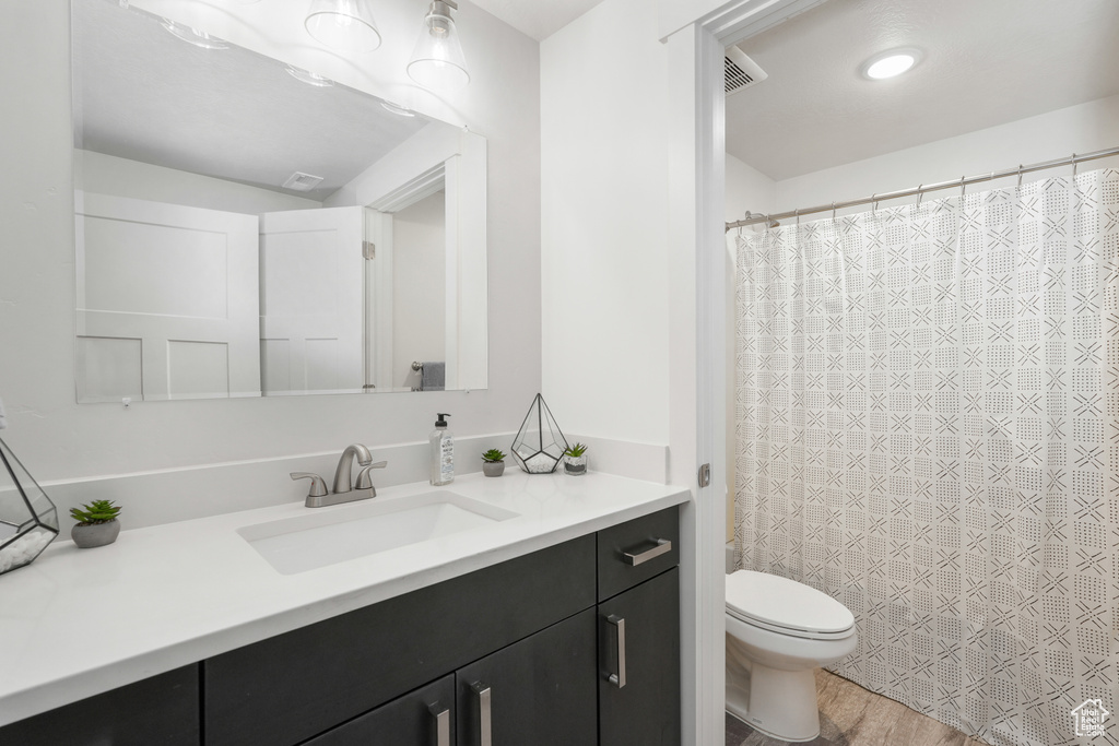 Bathroom featuring vanity, hardwood / wood-style flooring, and toilet