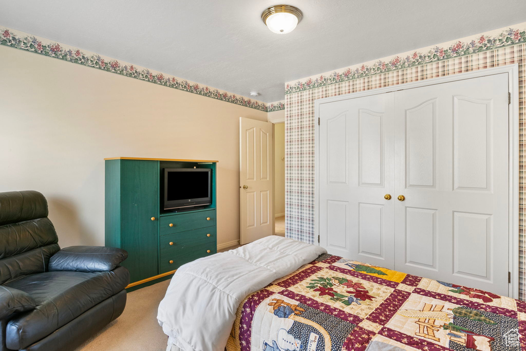 Carpeted bedroom featuring a closet