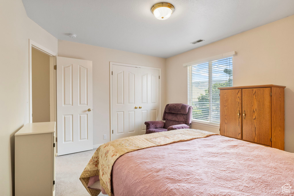 Bedroom with light carpet