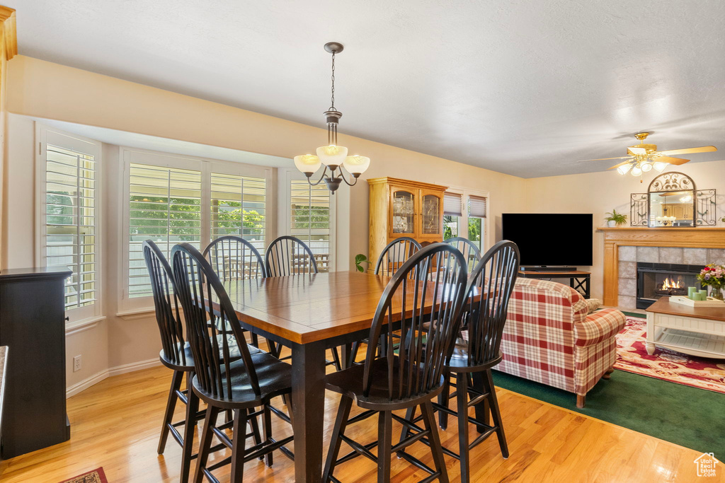 Dining room featuring a fireplace, ceiling fan with notable chandelier, light hardwood / wood-style flooring, and a wealth of natural light