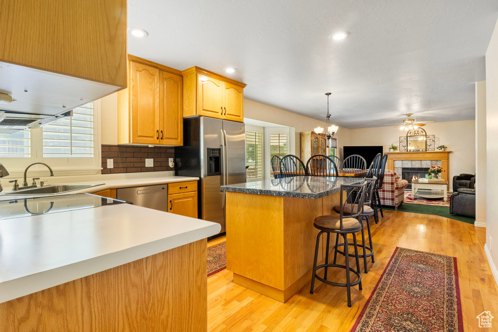 Kitchen featuring stainless steel appliances, a tiled fireplace, light hardwood / wood-style flooring, and plenty of natural light