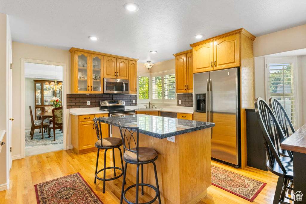 Kitchen with appliances with stainless steel finishes, light hardwood / wood-style flooring, a center island, and backsplash