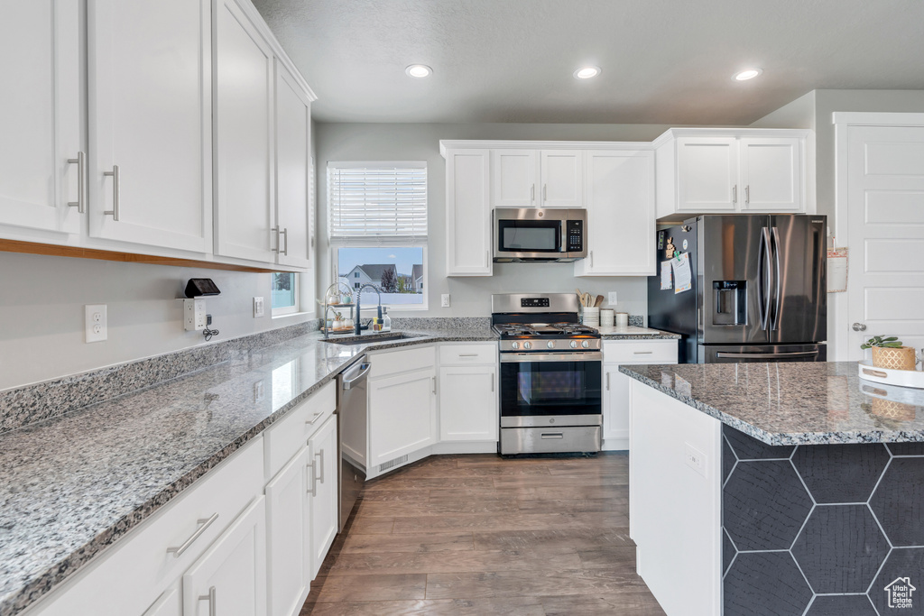 Kitchen with stainless steel appliances, light stone counters, sink, and dark wood-type flooring